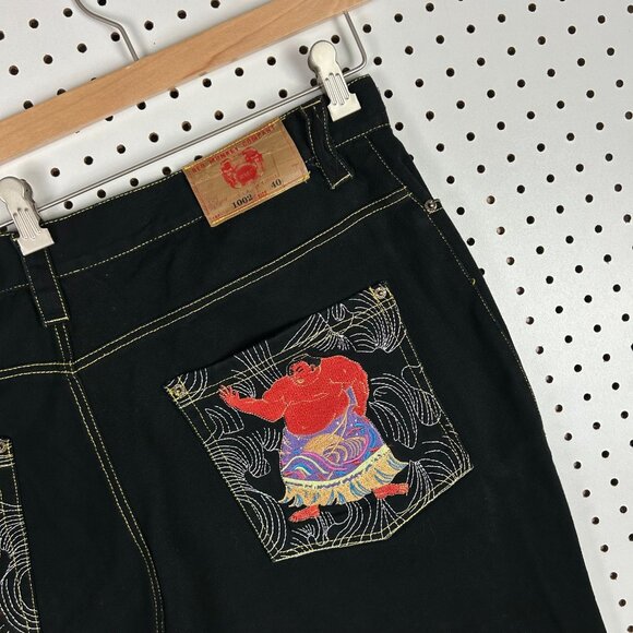 Red Monkey Company Black Jorts Size 40 Denim Shorts Y2K Stitched Chinese Gold - Picture 2 of 7